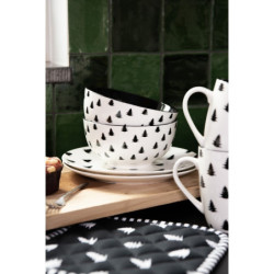 Bílo-černý porcelánový dezertní talíř se stromky Black&White X-Mas - Ø 20*2 cm
