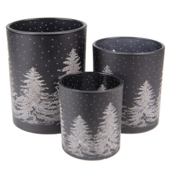 3ks černý skleněný svícen na čajovou svíčku se stromky - Ø7*8/ Ø 9*10/ Ø10*12cm
