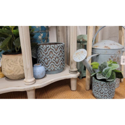 Šedo-modrý cementový obal na květináč s ornamentem M - Ø 15*13 cm