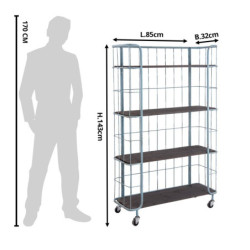Šedý kovový policový vozík s dřevěnými policemi - 85*32*143 cm