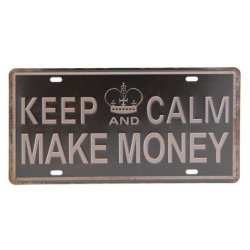 Hnědo černá kovová cedule MAKE MONEY s odřením a patinou- 30*15 cm