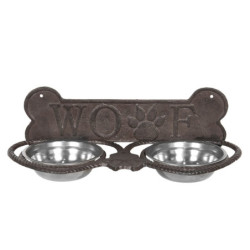 Misky pro psa ve stojanu s kostí a nápisem Woof - 39*18*12 cm
