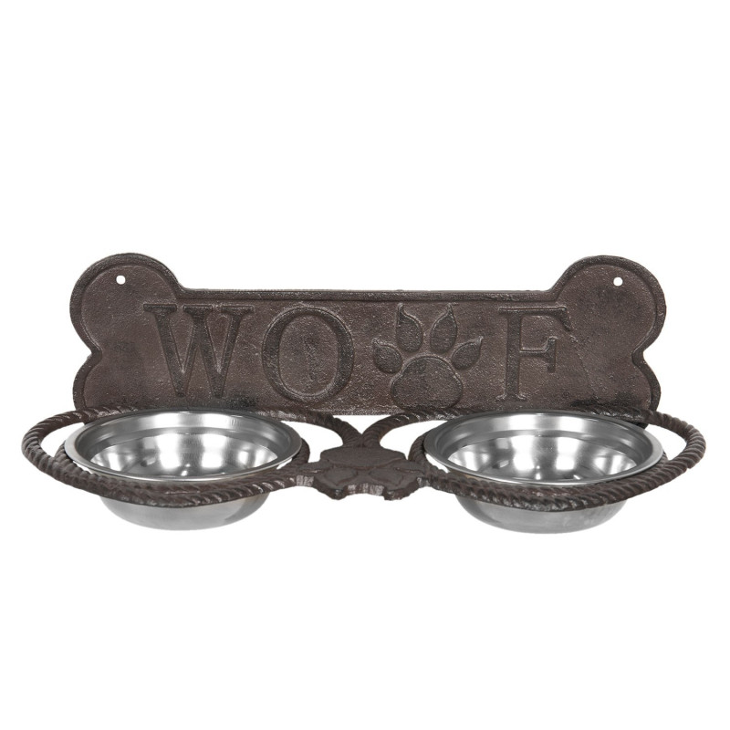 Misky pro psa ve stojanu s kostí a nápisem Woof - 39*18*12 cm