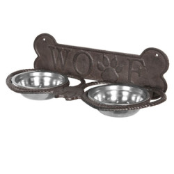 Misky pro psa ve stojanu s kostí a nápisem Woof - 39*18*12 cm