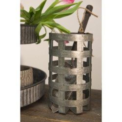Plechový úložný box s dřevěným víkem - Ø 14*26 cm
