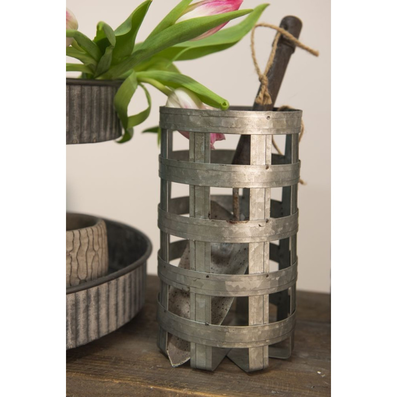 Plechový úložný box s dřevěným víkem - Ø 14*26 cm