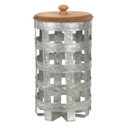 Plechový úložný box s dřevěným víkem - Ø 14*26 cm
