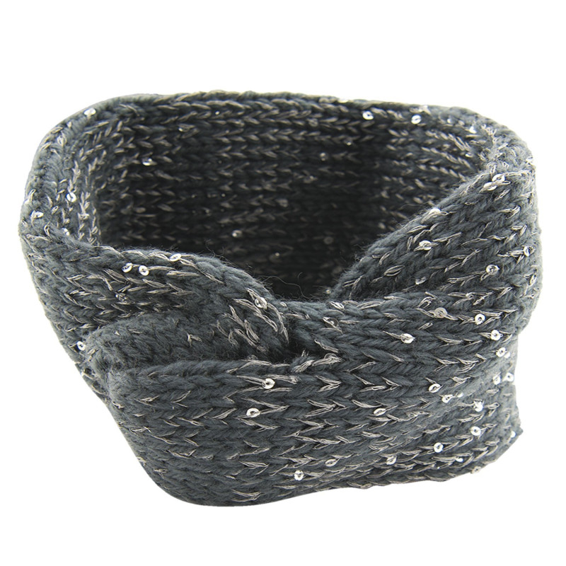 Šedá pletená čelenka do vlasů s flitry - 20*10 cm