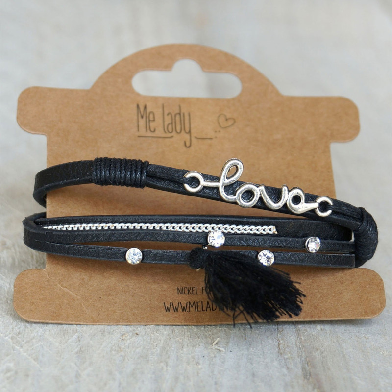 Černý koženkový náramek Love - Ø 5-6 cm