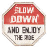 Barevná kovová cedule SLOW DOWN  s úmyslným odřením - 30*30 cm