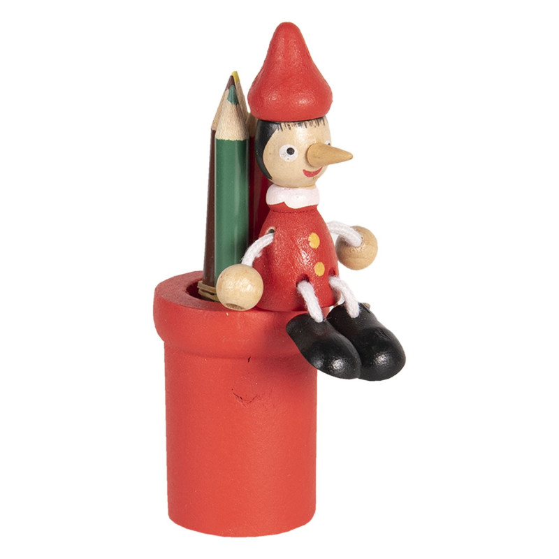 Červený dřevěný stojánek s pastelkami a Pinocchiem - 11 cm