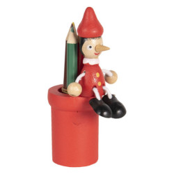Červený dřevěný stojánek s pastelkami a Pinocchiem - 11 cm