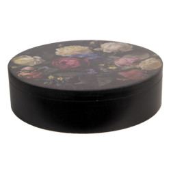 Černý dřevěný úložný box s růžemi - Ø 25*7 cm