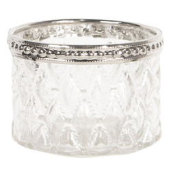 Bílý skleněný svícen Tealight s ozdobným krajem - 6*4 cm