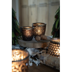 Hnědo černo zlatý skleněný svícen Tealight - 9*9 cm