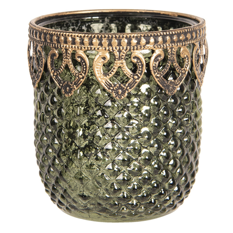 Zeleno zlatý skleněný svícen s patinou Tealight - 8*9 cm