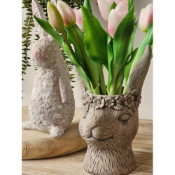 Šedý květináč v designu zaječí slečny s květinami - 13*13*21 cm