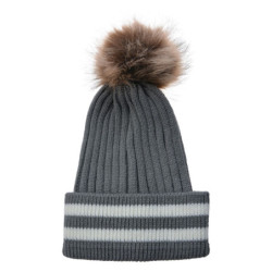 Šedá čepice s pruhy a hnědou bambulí - 20 cm