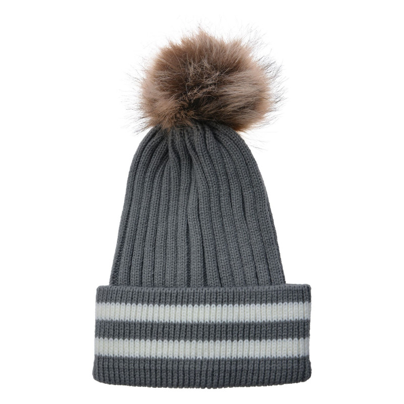 Šedá čepice s pruhy a hnědou bambulí - 20 cm