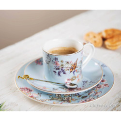 Modrý porcelánový šálek a podšálek s ptáčky Vivi - 11*8*7 / Ø 16*2 cm / 0.22L