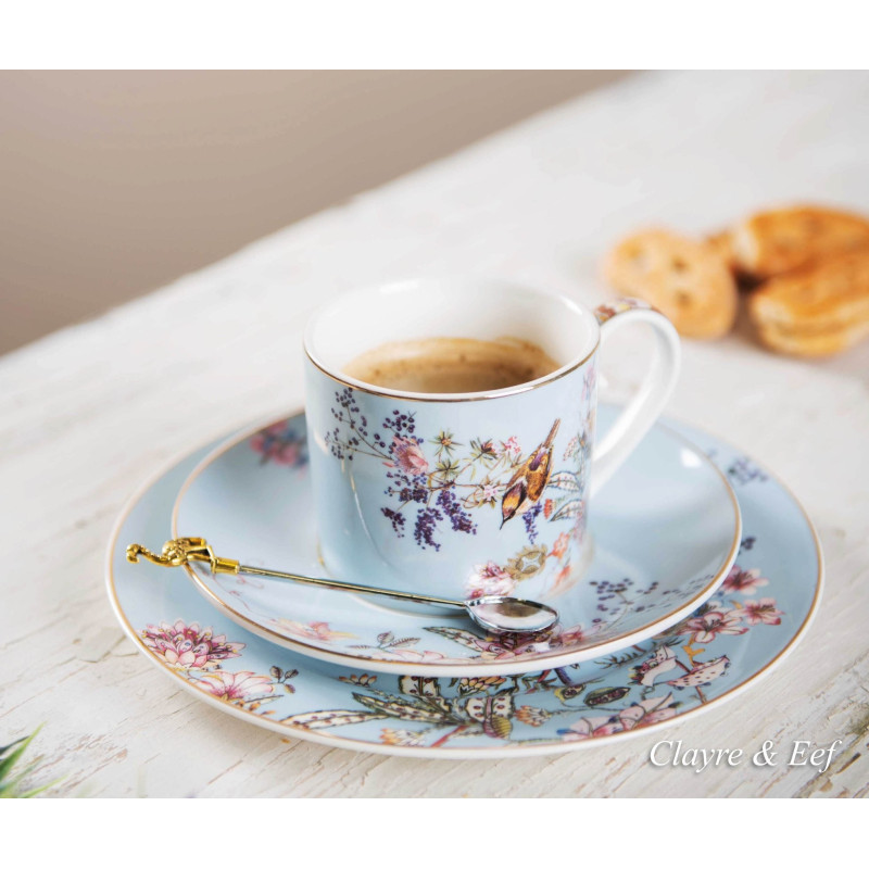 Modrý porcelánový šálek a podšálek s ptáčky Vivi - 11*8*7 / Ø 16*2 cm / 0.22L