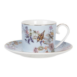 Modrý porcelánový šálek a podšálek s ptáčky Vivi - 11*8*7 / Ø 16*2 cm / 0.22L