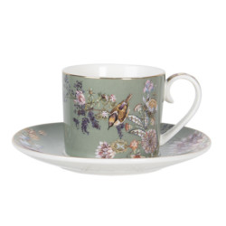Zelený porcelánový šálek a podšálek s ptáčky Vivi - 11*8*7 / Ø 16*2 cm / 0.22L