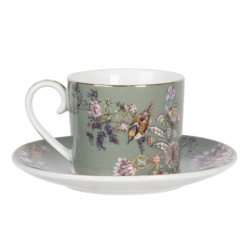 Zelený porcelánový šálek a podšálek s ptáčky Vivi - 11*8*7 / Ø 16*2 cm / 0.22L
