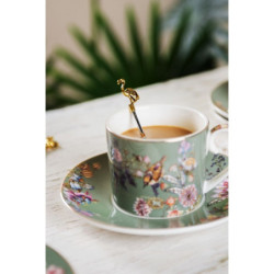 Zelený porcelánový šálek a podšálek s ptáčky Vivi - 11*8*7 / Ø 16*2 cm / 0.22L