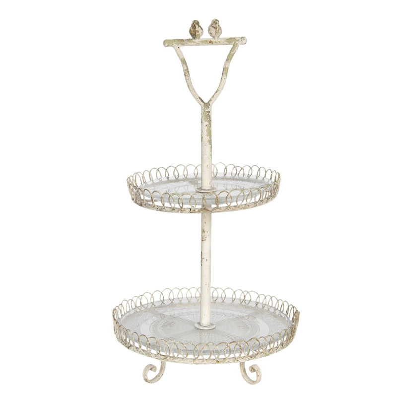 Vintage kovový etažér s patinou a dekoracemi ptáčků – Ø 36*65 cm