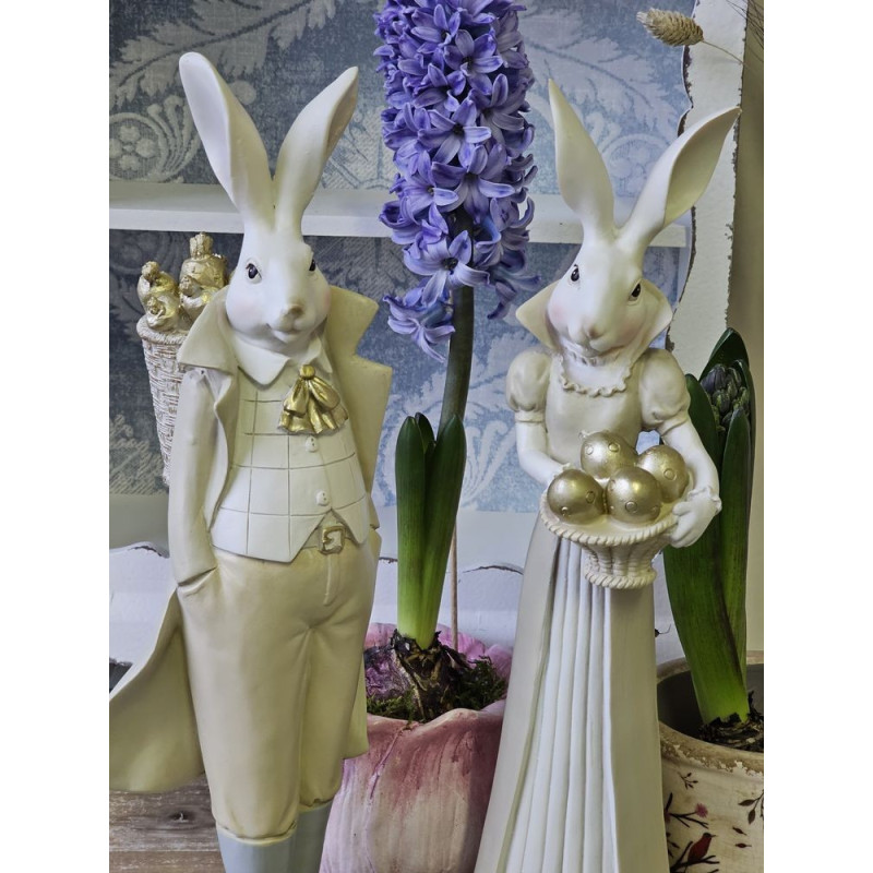 Dekorační soška zajíc ve fraku se zlatými mrkvemi - 11*10*37 cm