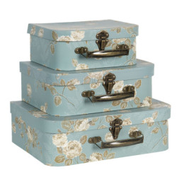 Set 3 ks úložných tyrkysových kufříků s květy - 30*21*9 cm/25*18*9 cm/20*16*8 cm