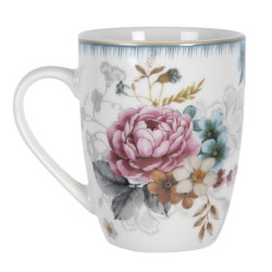 Velký porcelánový hrnek s motivem květin a ptáčka Pivoine - 12*8*10 cm / 0,36 l