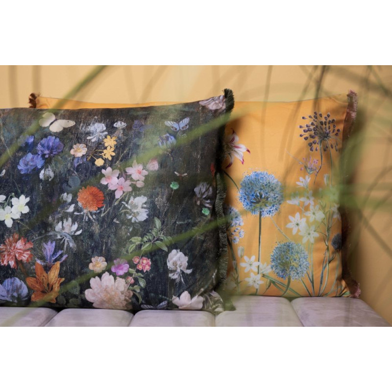 Zelený vintage barevný polštář s květy a motýly  - 60*40 cm