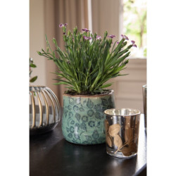 Zelený obal na květináč s květy a popraskáním - Ø 11*9 cm