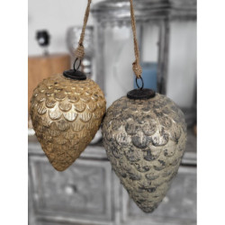 Šedo-stříbrná antik skleněná vánoční ozdoba ve tvaru šišky XL - Ø 15*25 cm
