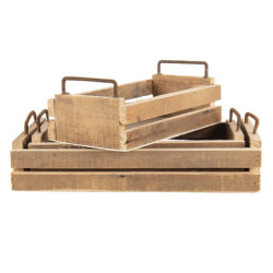 Dekorativní tácy z recyklovaného dřeva s kovovými uchy (3 ks) - 40*25*11 / 35*16*10 / 25*7*10 cm