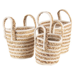 Sada 3 hnědo bílých pletených košů s uchy - Ø 21*20 / Ø 19*19 / Ø 16*15 cm