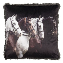 Tmavý polštář se čtyřmi hřebci a třásněmi po obvodu - 45*45 cm
