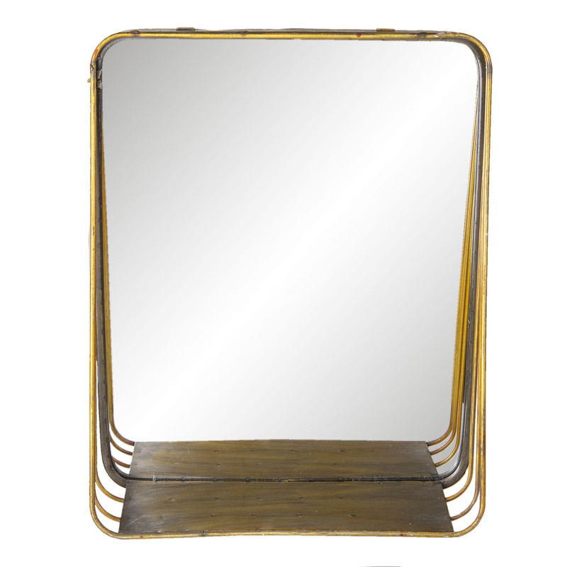 Zlaté retro zrcadlo v kovovém rámu s dřevěnou poličkou Gold - 34*11*42 cm
