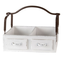 Bílý dřevěný retro box se dvěmi přihrádkami a kovovým uchem - 41*19*29 cm