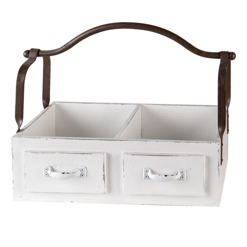 Bílý dřevěný retro box se dvěmi přihrádkami a kovovým uchem - 41*19*29 cm
