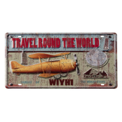 Nástěnná kovová cedule s letadlem Travel Round - 22*42 cm