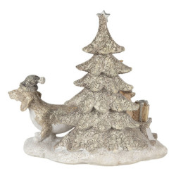 Vánoční dekorativní soška pejsků u stromečku s dárky a saněmi - 16*8*15 cm LED osvětlení