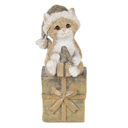 Vánoční dekorativní soška kočky s čepicí na dárku - 5*4*10 cm