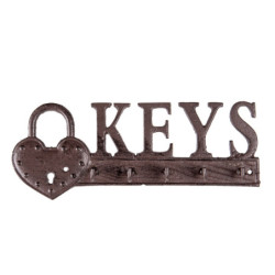 Hnědo černý litinový háček na klíče Keys - 26*3*10 cm