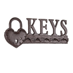 Hnědo černý litinový háček na klíče Keys - 26*3*10 cm