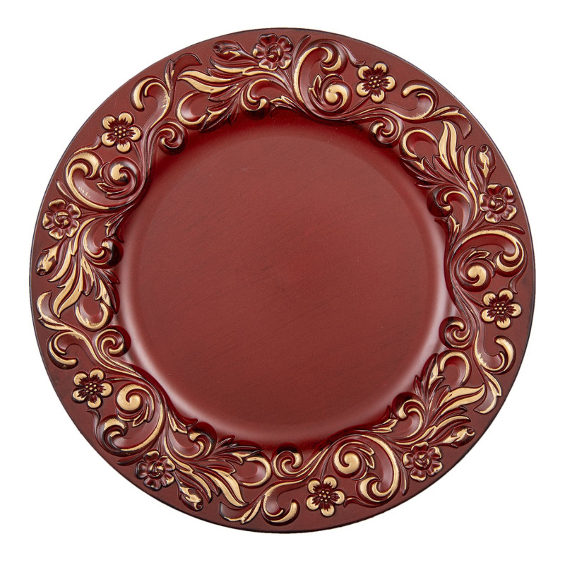 Červeno zlatý plastový dekorativní talíř s ornamenty - Ø 33*2 cm