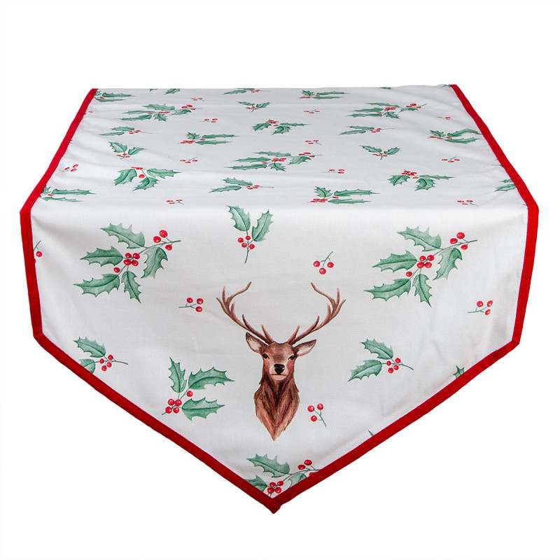 Běhoun na stůl Holly Christmas s červeným lemem a jelenem - 50*160 cm